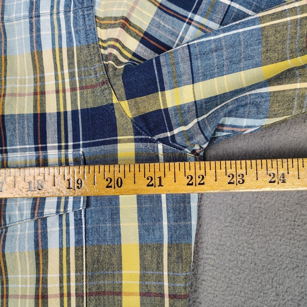 Vintage Wrangler Pearl Snap Short Sleeve Large Blue Yellow Plaid Heavy Long Tail - Picture 4 of 7